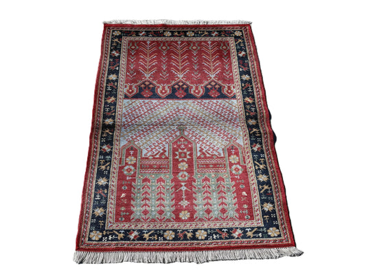 91x128 cm (3x4.2 ft) Vintage Rug – Handwoven Red Navy Wool Carpet