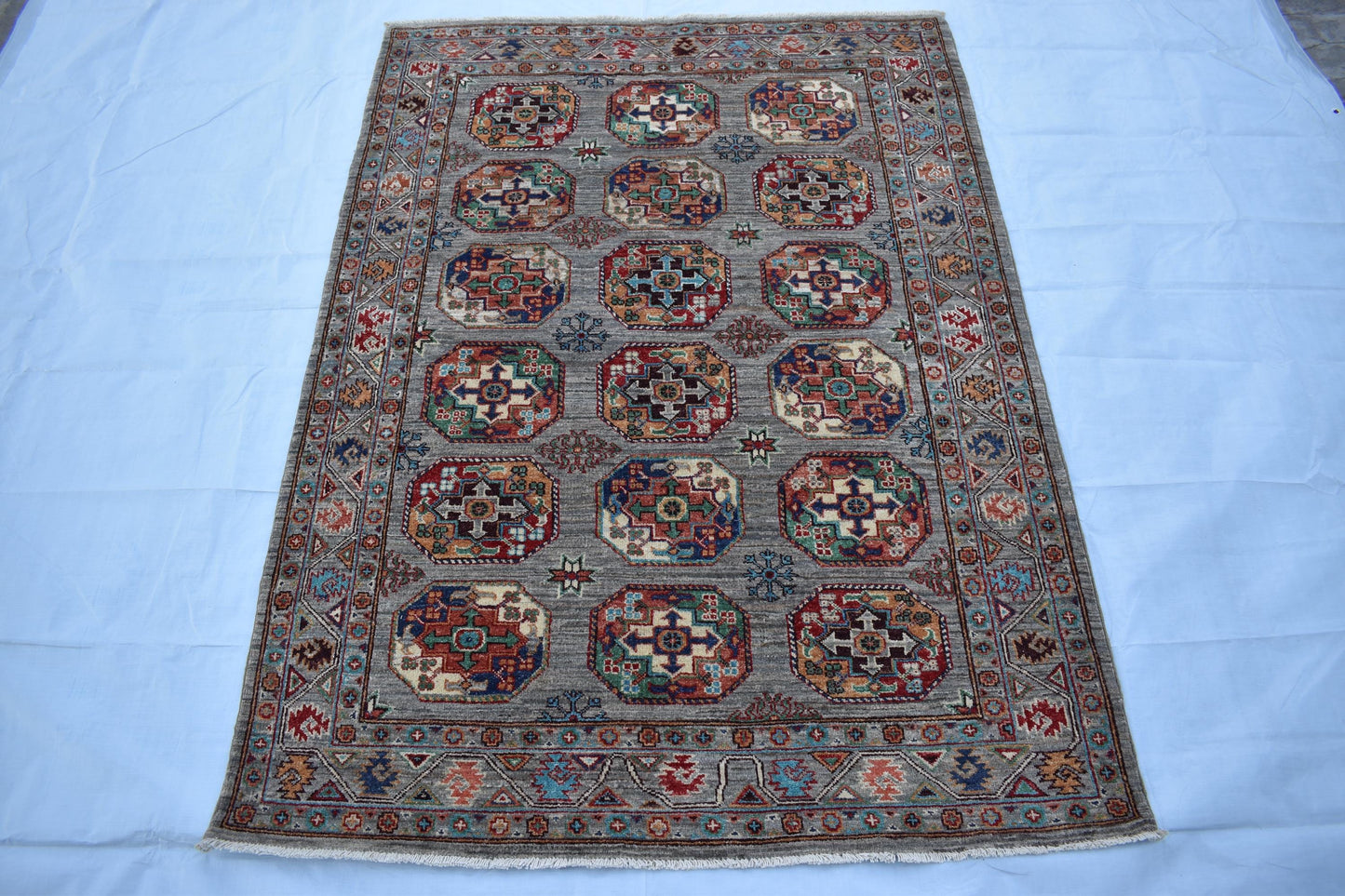 5x7 Gray Philpah Afghan Oriental Rug, Hand Knotted Wool Rug, Turkmen Area Rug, Soft Wool Rug, fine Quality Living Room/ Bedroom Rug
