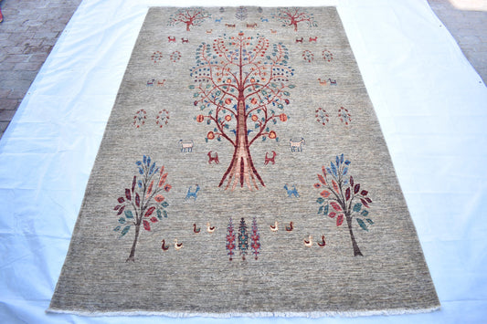 Top Quality Darakhti (Tree) Hand Knotted Wool Rug, Measuring 6'0" by 9'4" Handmade Soft Rug For Living Room/ Bedroom, Afghan Rug 100% Wool