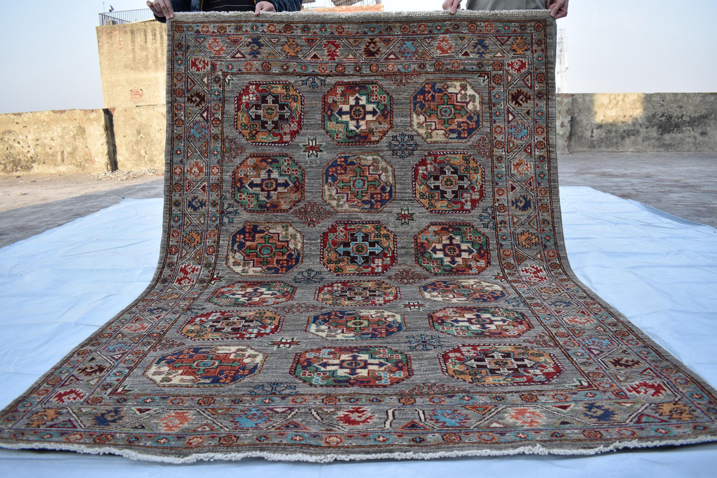 5x7 Gray Philpah Afghan Oriental Rug, Hand Knotted Wool Rug, Turkmen Area Rug, Soft Wool Rug, fine Quality Living Room/ Bedroom Rug