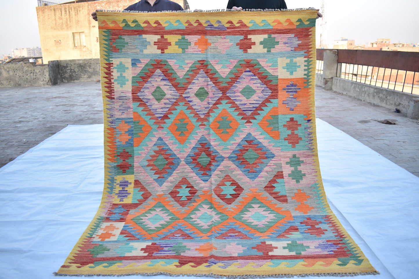 5x7 Afghan Kilim Area Rug, Handmade Flatweave Multicolor Natural Veg Dyes Hand Knotted Maimana Design Wool Rug for Living Room- Dining Room