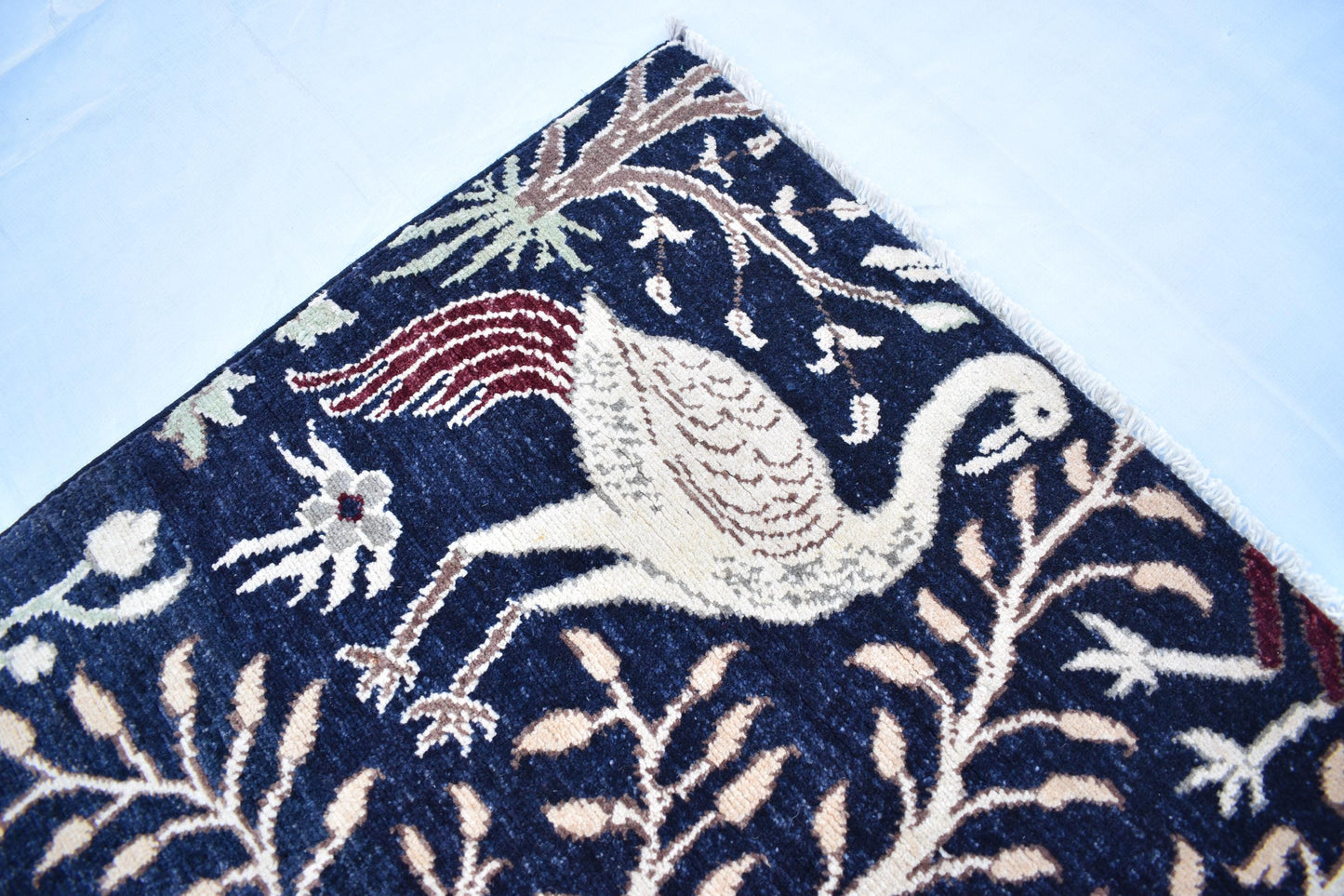 4x6 Dark Blue Turkmen Pictorial Rug, Hand Knotted Wool Rug, Handmade Peacock Bird Trees Soft Oriental Area Rug, Bedroom Rug, Living Room Rug