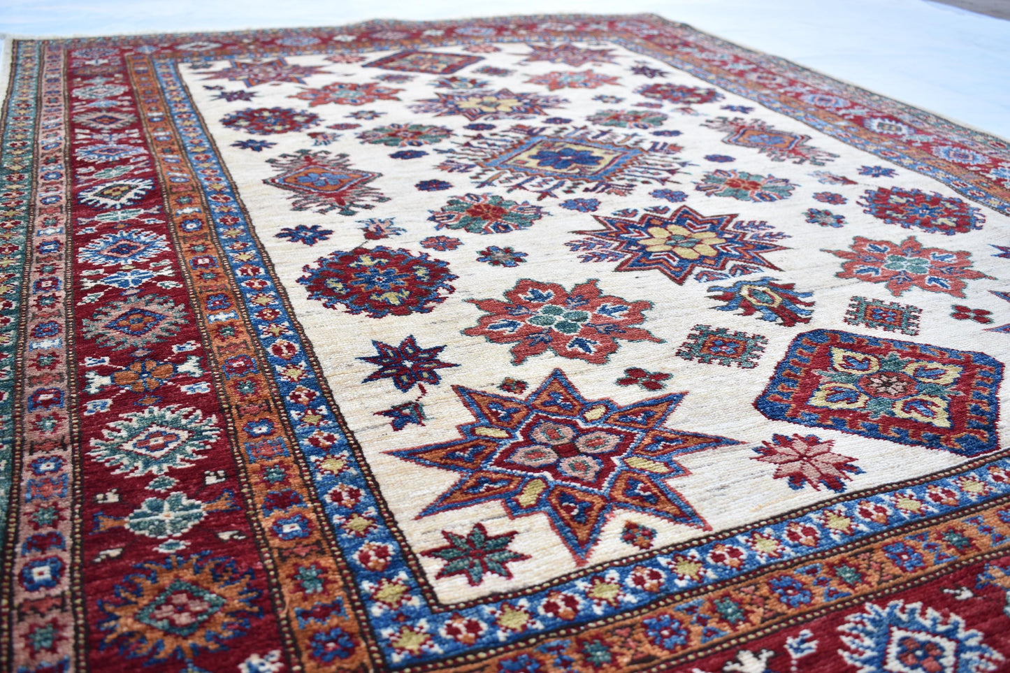 5x7 White Kazak Oriental Rug, Hand Knotted Modern Area Rug, Wool Rug, Décor Rug, Living Room Rug – Bedroom Rug