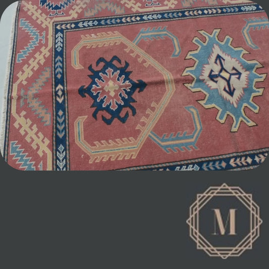 143x195 cm (4.7x6.4 ft) Anatolian Rug – Handwoven Pomegranate Red & Midnight Blue Wool Carpet